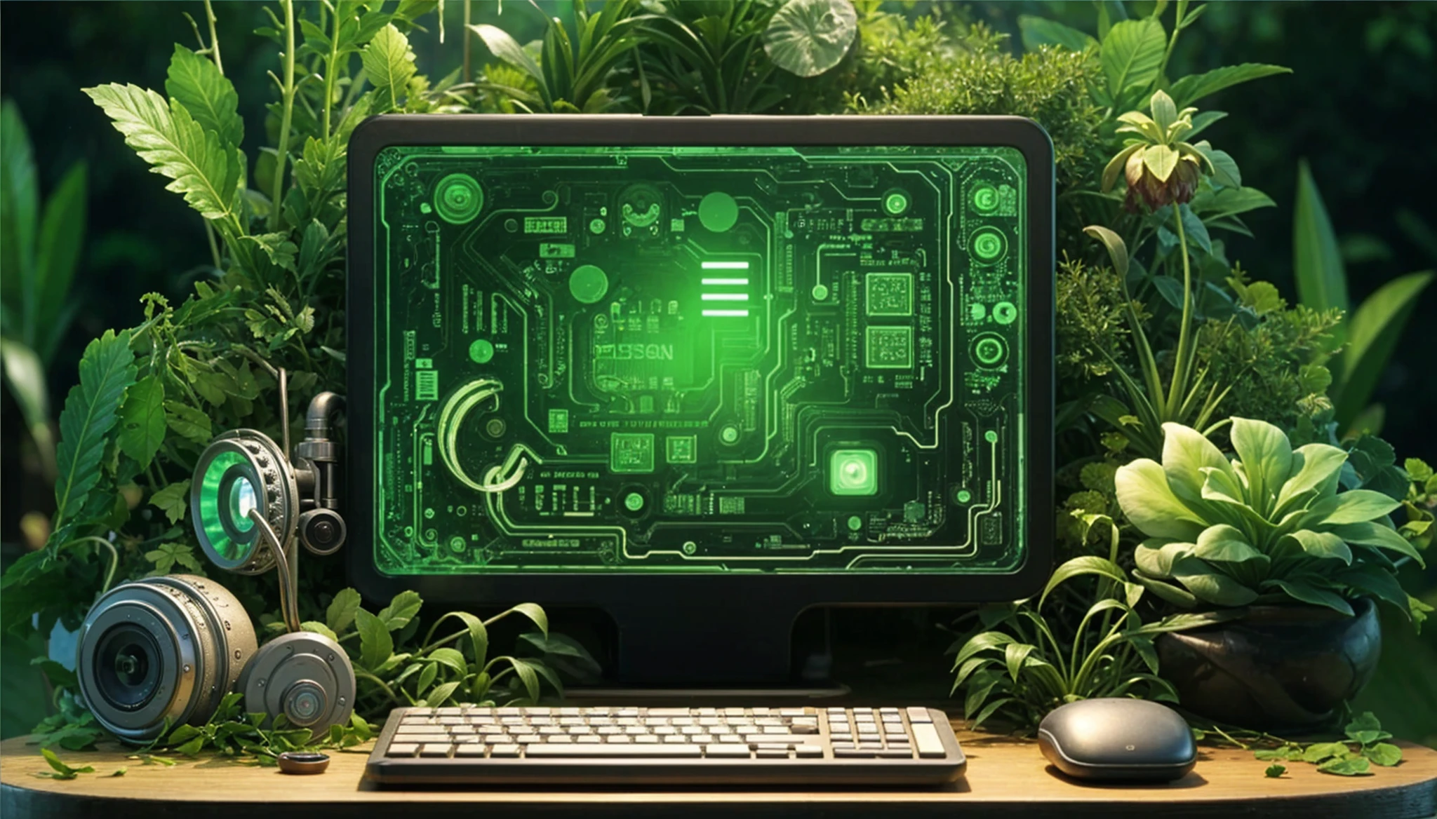 A Solarpunk computer showing how technology and nature intertwine.