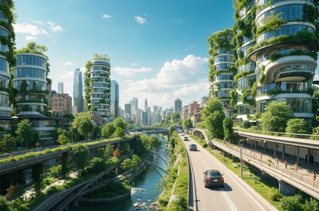 A Solarpunk city that has embraced nature into every facet of their urban spaces. 