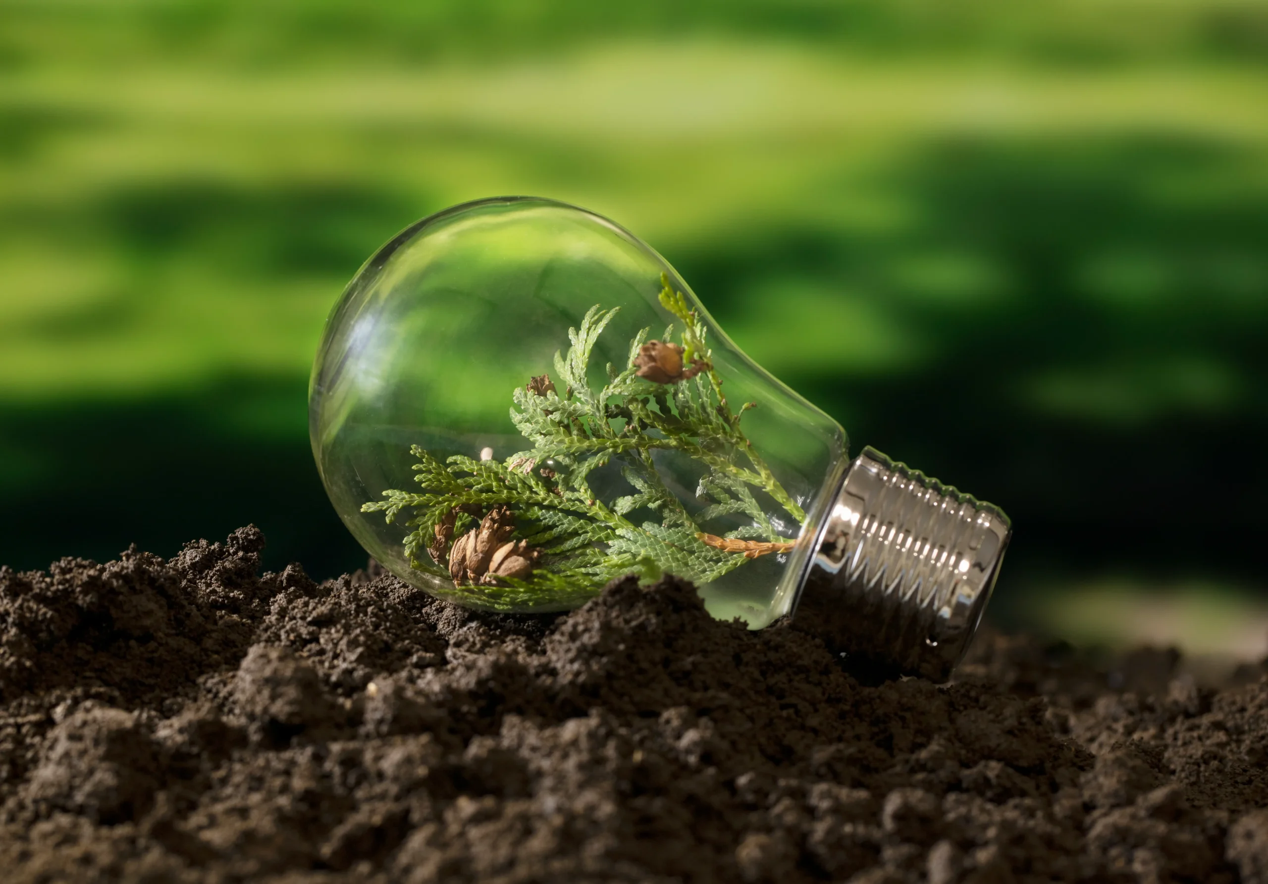 A lightbulb filled with pine leaves lying on a bed of soil