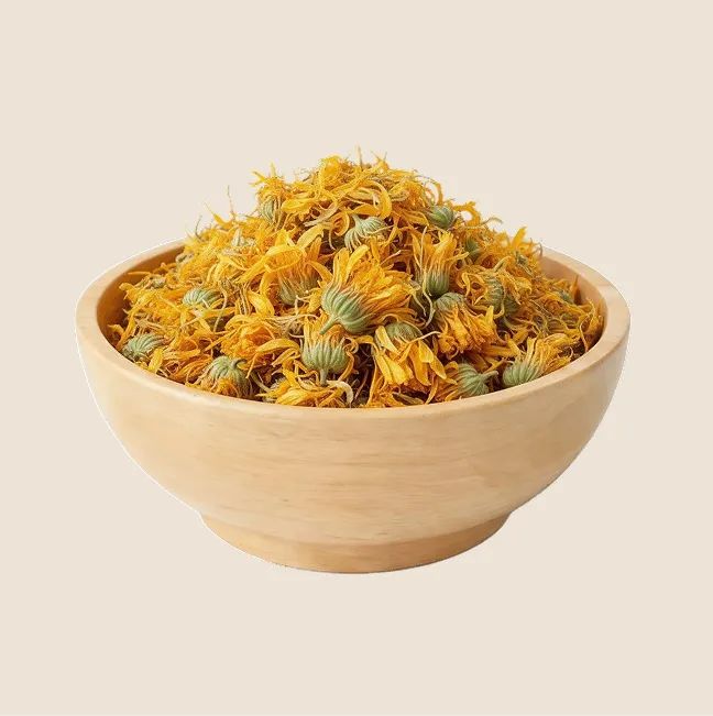 A wooden bowl filled with dried Calendula
