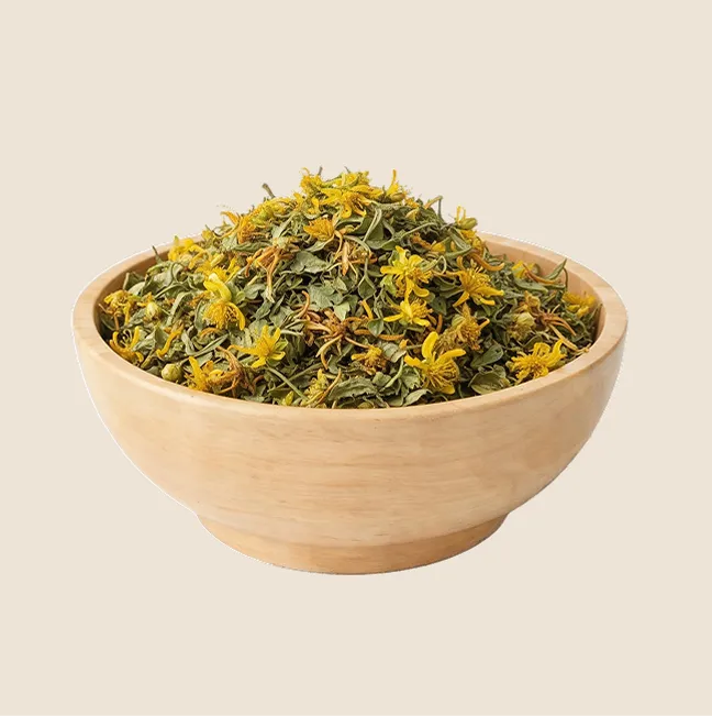 A wooden bowl with dried St. John's Wort leaf and flower in it.