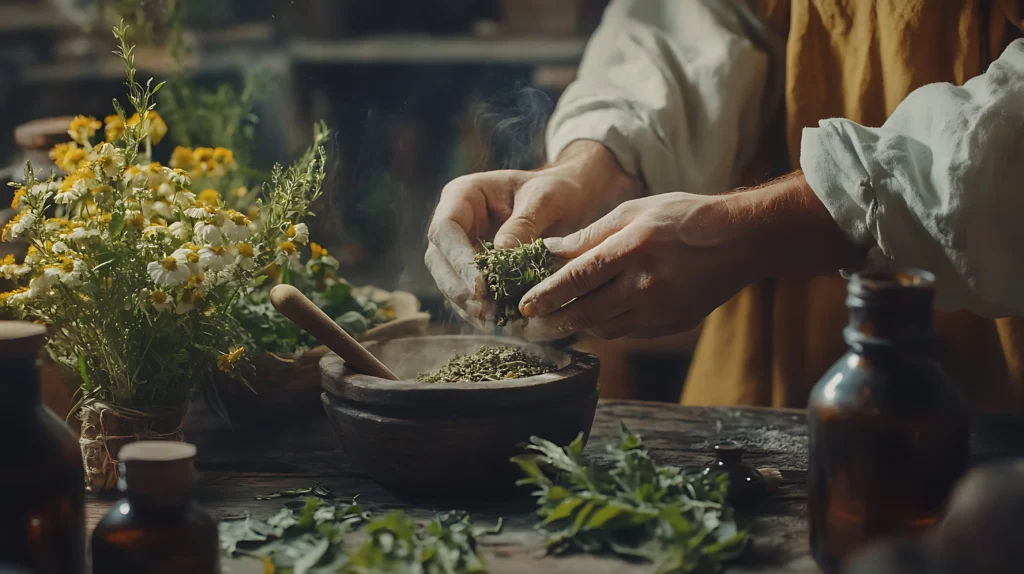 A herbalist's hands working with dried herbs on a wooden table.